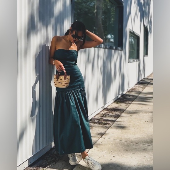 ZARA Dark Green Strapless Bandeau Long Dress with Topstitching Size S - Picture 2 of 5